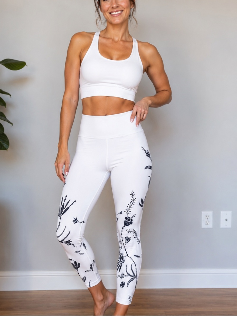 Athleta Elation 7/8 White Leggings with Black Floral Print